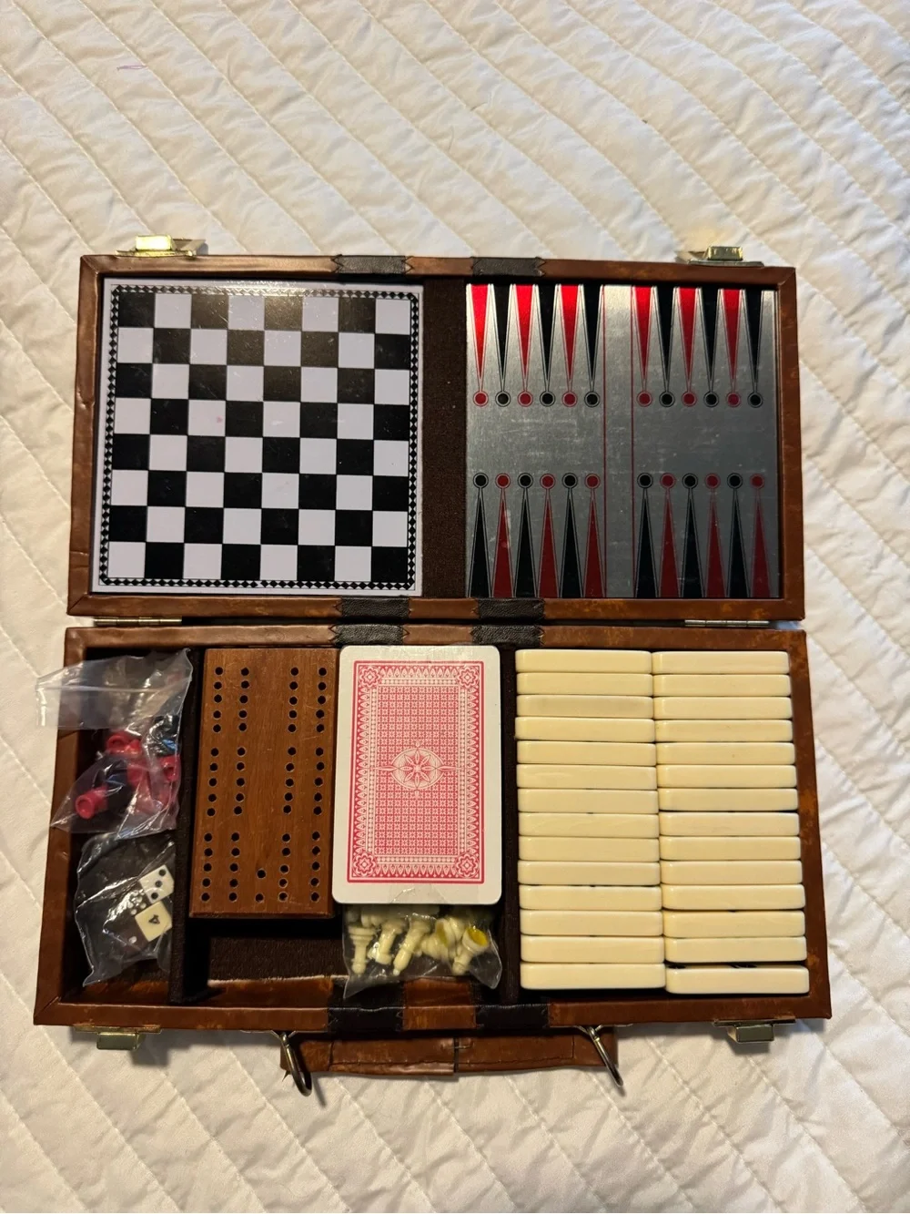 vintage interpur multi game set faux leather case chess backgammon dominoes